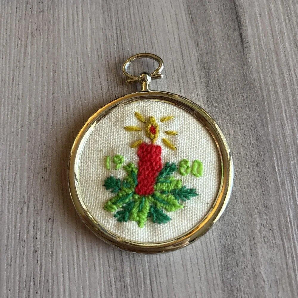 Vintage Christmas Candle Hollie Ornament Embroidery Canvas 1980
